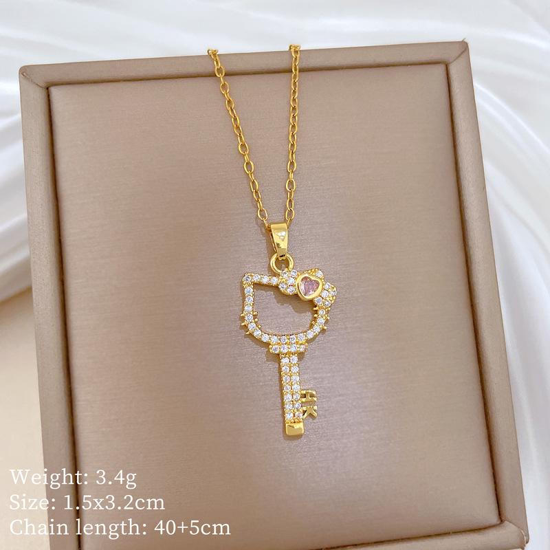 Titanium Steel, Cat Personality Key, Zircon Temperament Gorgeous Full Diamond Necklace, Female Versatile Collarbone Chain, Titanium Steel Chain