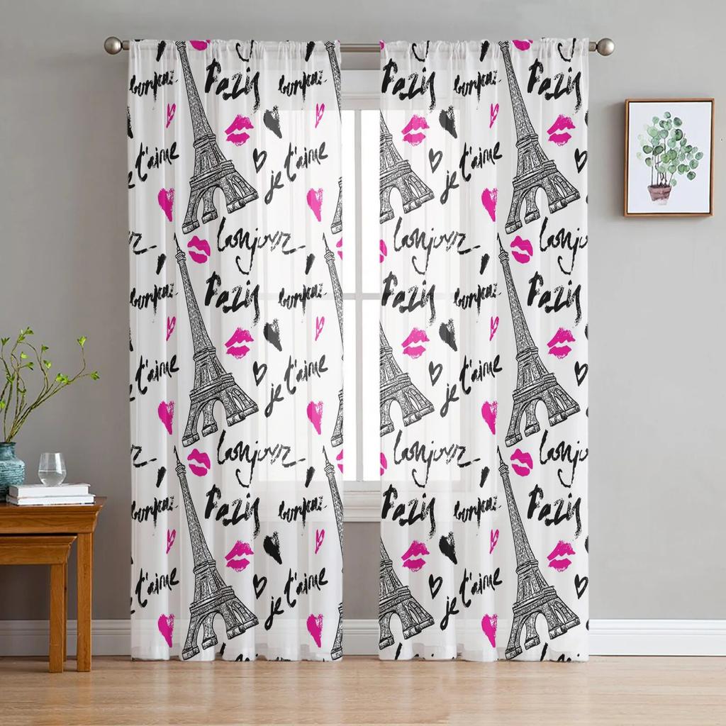 Black And White Paris Drawing Tulle Curtains for Living Room Drapes Window Sheer Modern Curtains for Bedroom Decor