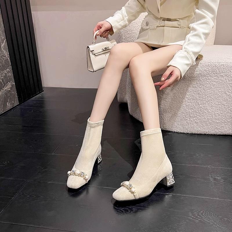 Women's Suede Ankle Boots Square Toe Crystal Mid Heels for Women Pearl Rhinestones 2025 Trendy Elegant Dress Winter High Heels