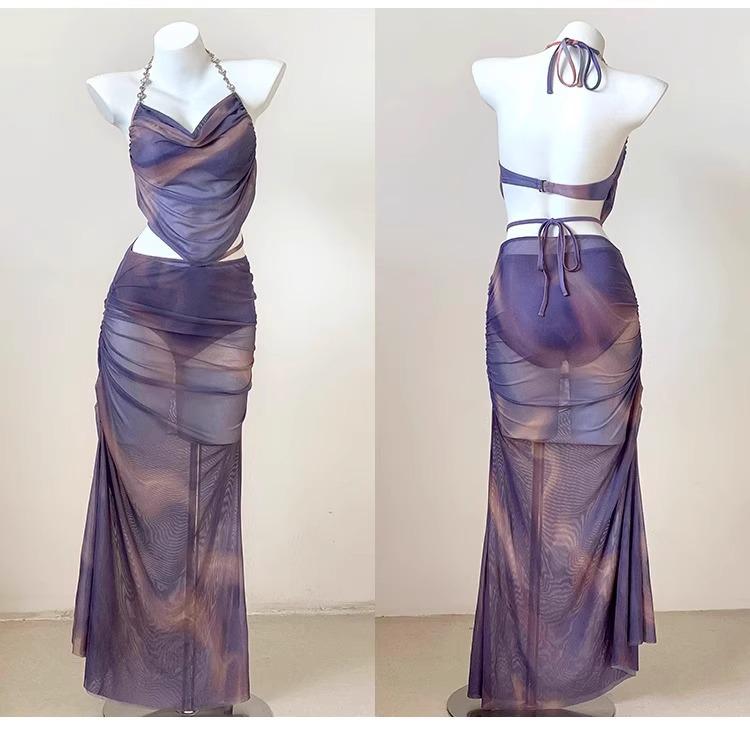 2024 Women's Three-Piece Bikini Set with Long Skirt - Sexy Gathered Swimwear for Seaside Vacations