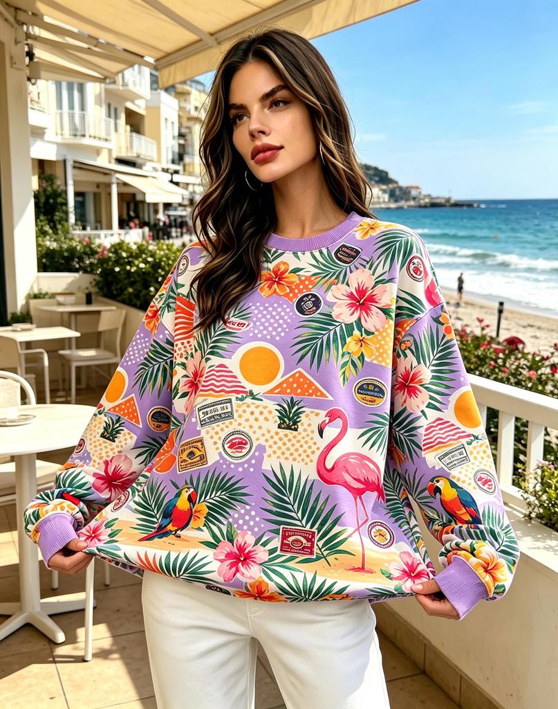 Women Crew Neck Fleece Sweatshirt Tropical Flamingo Palm Leaf Hibiscus Watermelon Print Long Sleeve Loose No Hood Warm Pullover