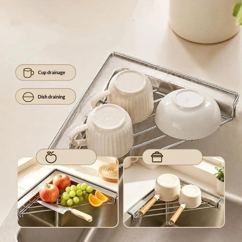 Triangle Stainless Steel Sink Drain Rack Load Bearing Large Capacity Drainable Kitchen Caddy for Sink Corner Organization