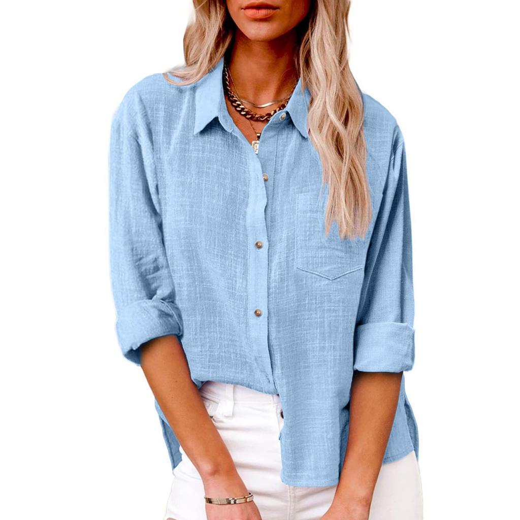 Women Linen Blend Button Down Shirt Turn‑Down Collar Roll‑Up Sleeve Chest Pocket Loose Fit Solid Color Casual Office Blouse Top
