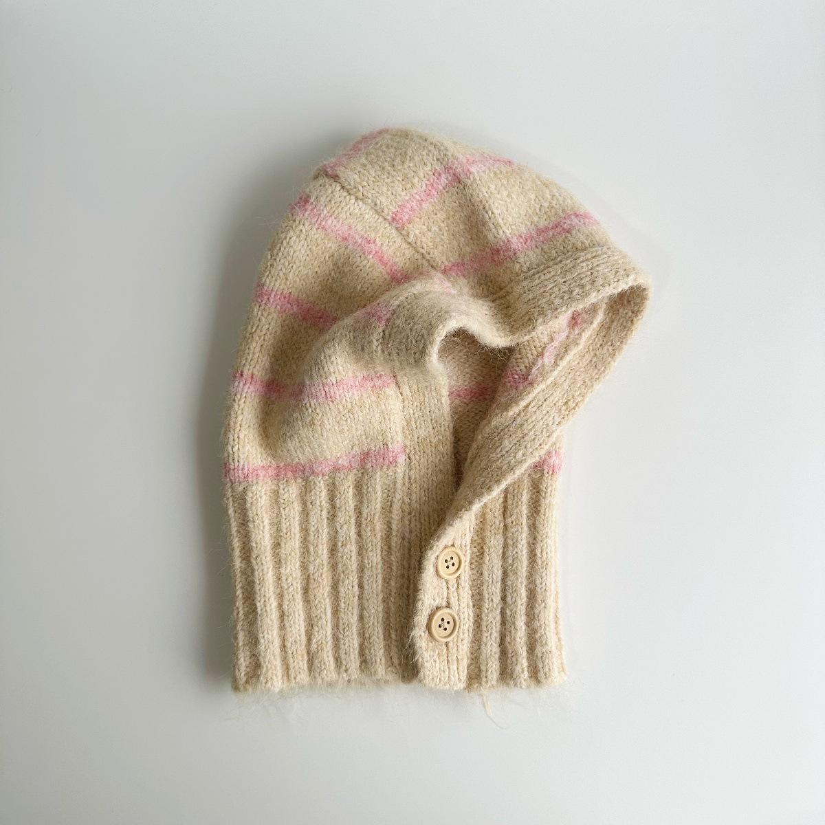 

Unisex Baby Knit Earflap Hat with Soft Stripes and Button Design - Warm Wool for Autumn and Winter Ages 3-12, 48-54cm