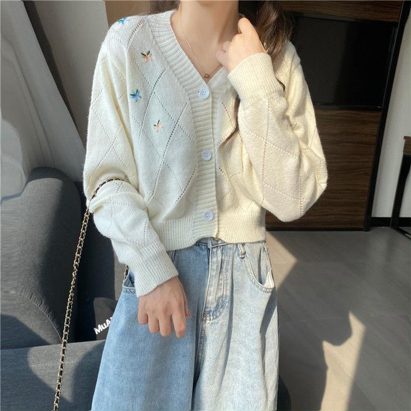 Short women's top spring thin hollowed-out cardigan gentle style loose V-neck knitted sweater summer