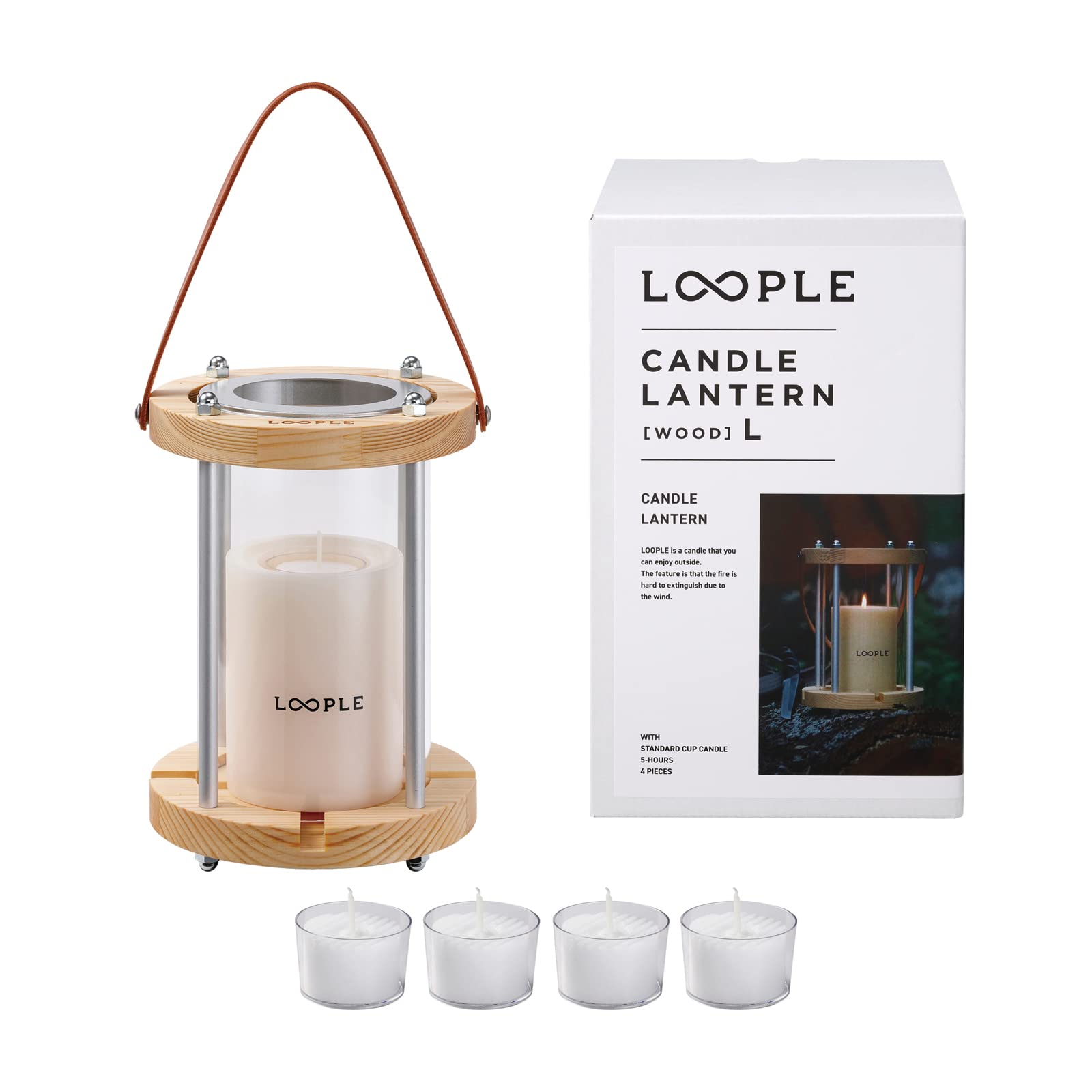 

LOOPLE Candle Lantern Wood Large (Ivory) Standard, Includes 4 Cup Candles, Burn Time: Approximately 5 Hours, Unscented
