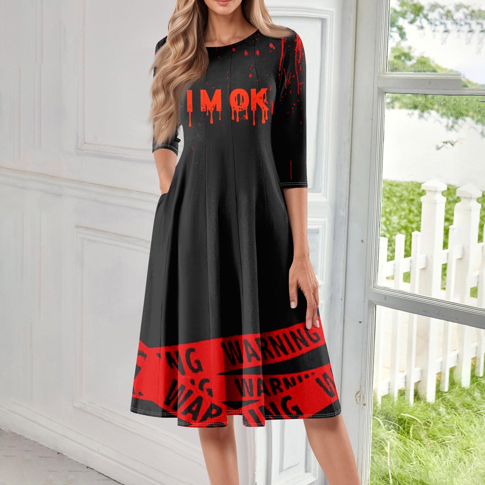 

Женское повседневное модное миди-платье с круглым вырезом, рукавом три четверти и принтом на Хэллоуин S красный