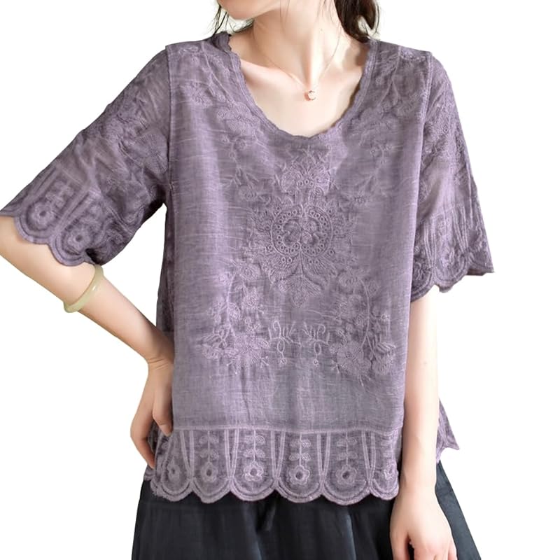 

[Bidason] blouse ladies shirt short sleeve embroidery cotton breathable Thin Cooling measures UV cut Relaxing body shape cover adult Feeling of