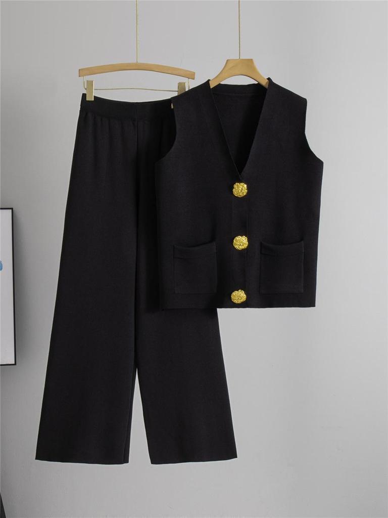 2025 Letní Móda Dvoudílný Pletený Vesta na Knoflíky & Sada Dlouhých Kalhot