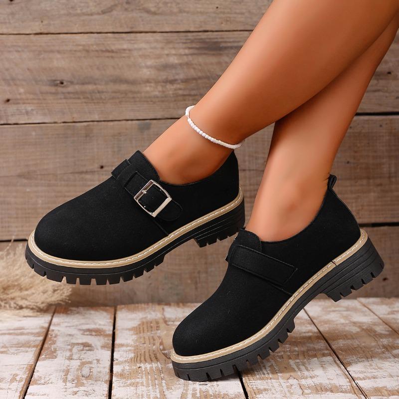 New Large-sized Loafers for Women, Round-toed, Square-buckle, Thick-soled Metal, Deep-mouthed Single Shoes
