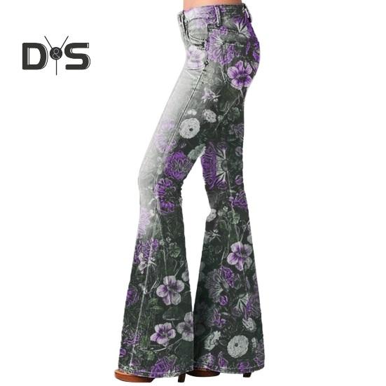 Women Denim Pants High-Waisted Floral Print Flared Jeans with Pockets Belt Ring Lightweight Breathable Jeans