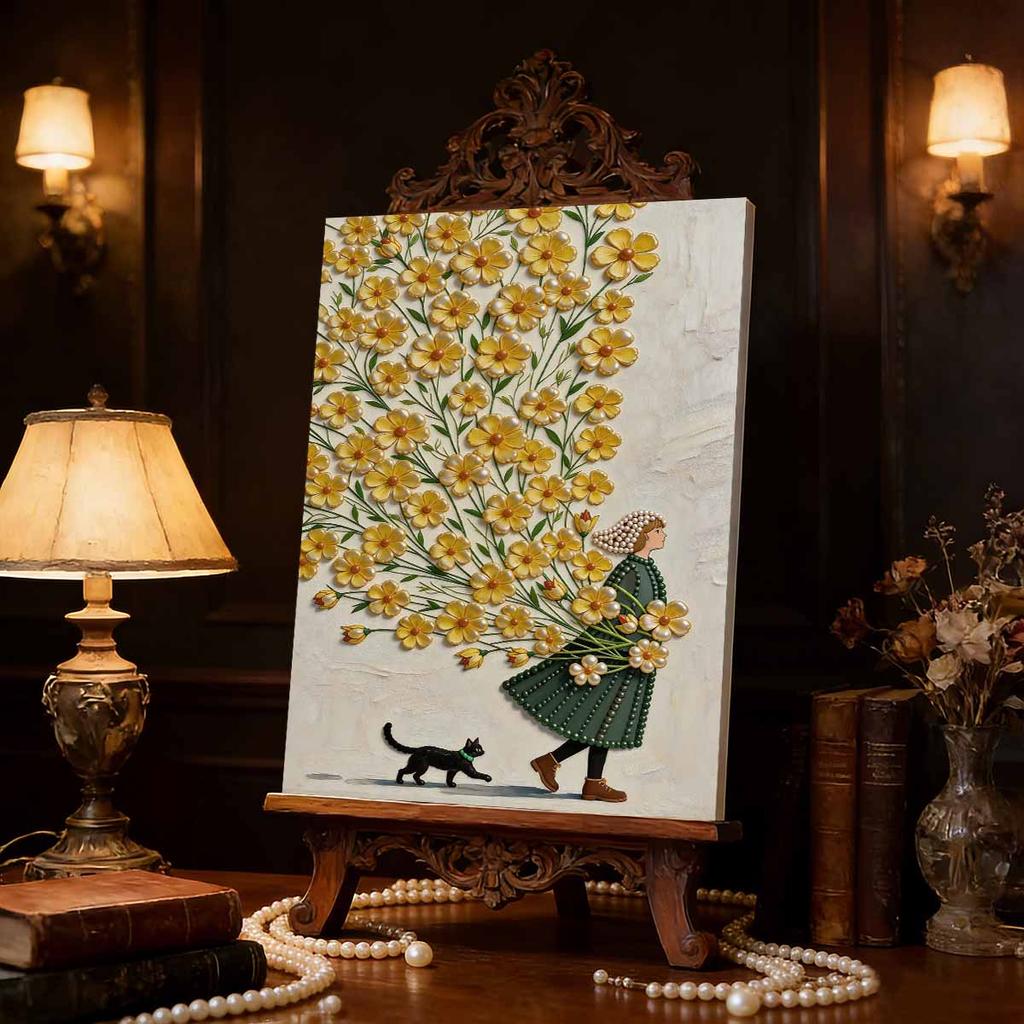 Kit de Pintura DIY 5D Sin Marco Patrón de Niña y Gato con Perlas Adecuado para Decoración de Paredes de Sala de Estar, Dormitorio y Otros Espacios Artísticos
