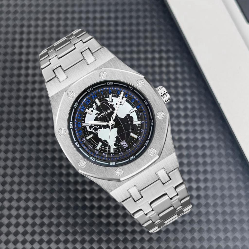 PINTIME Earth Style Men's Watches Stainless Steel Blue Planet Quartz Wristwatch for Man Luminous Waterproof Date