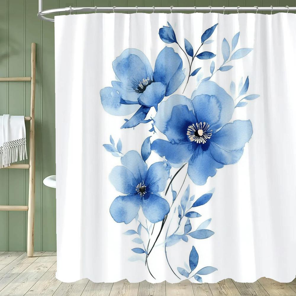 1pc Beautiful Blue Flowers Shower Curtain, Bathroom Decorative Curtain, Floral Printed Polyester Home Curtain with Hooks