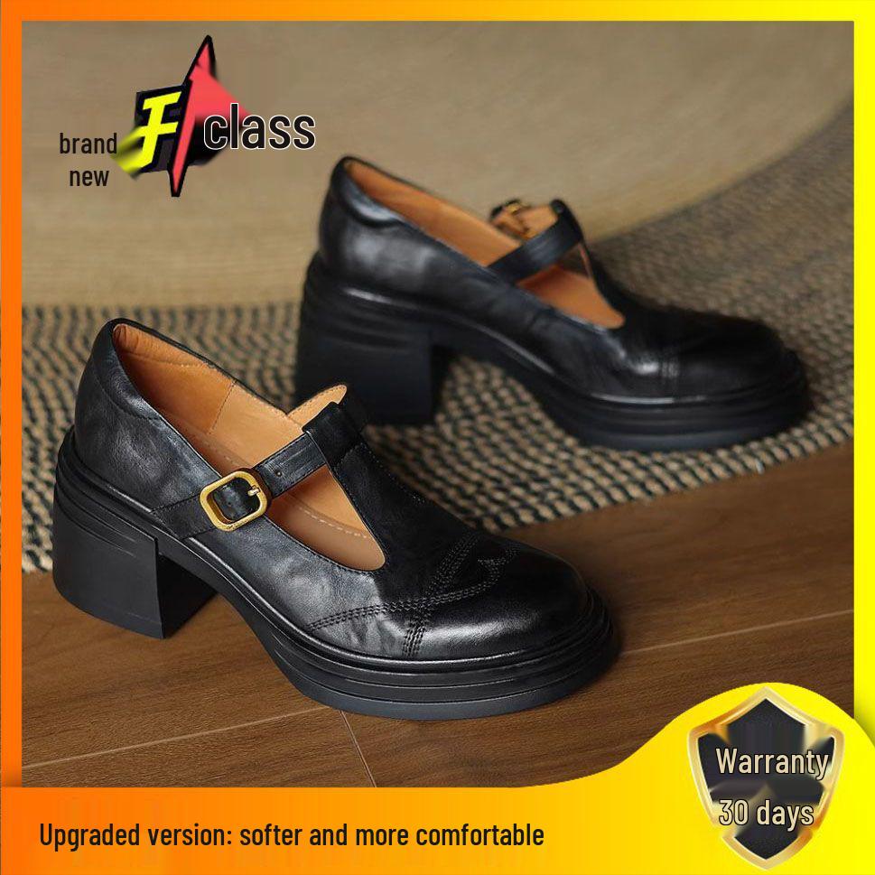 2025 Retro T-Strap Chunky Heel Mary Jane Women's Black Platform Shoes