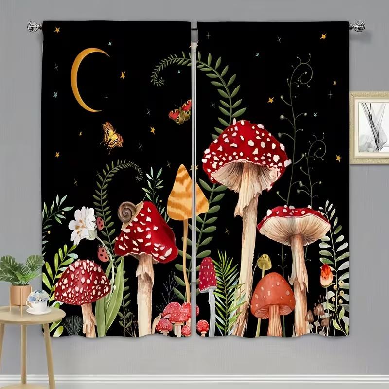 2 Pcs Mushroom Grass Print Curtains,suitable for Bedroom,living Room Kitchen Decoration,home Decoration,window Decoration
