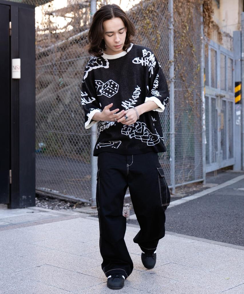 WEGO Jacquard Graphic Knit Short Sleeve Loose Size Black Men's T-Shirt, Patterned, Oversized, Fit, Streetwear, Spring/Summer, Gift, Present,