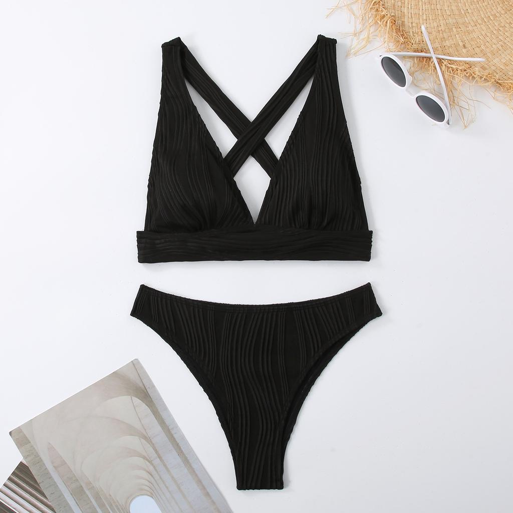 1011 European and American new swimsuit women's neck split bikini striped fabric multi-color triangular bikini