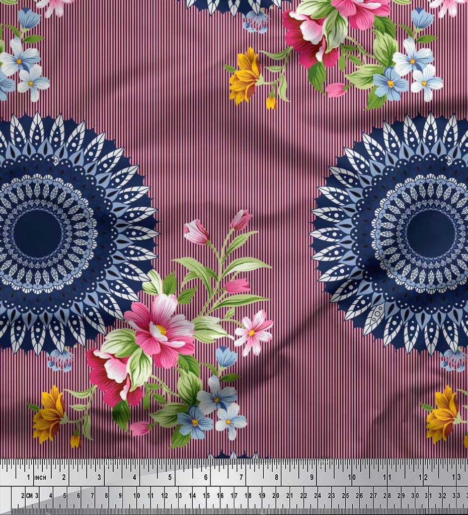 Soimoi Japan Crepe Satin Fabric Stripe,Floral & Mandala Printed Craft Fabric by the Metre 42 Inch
