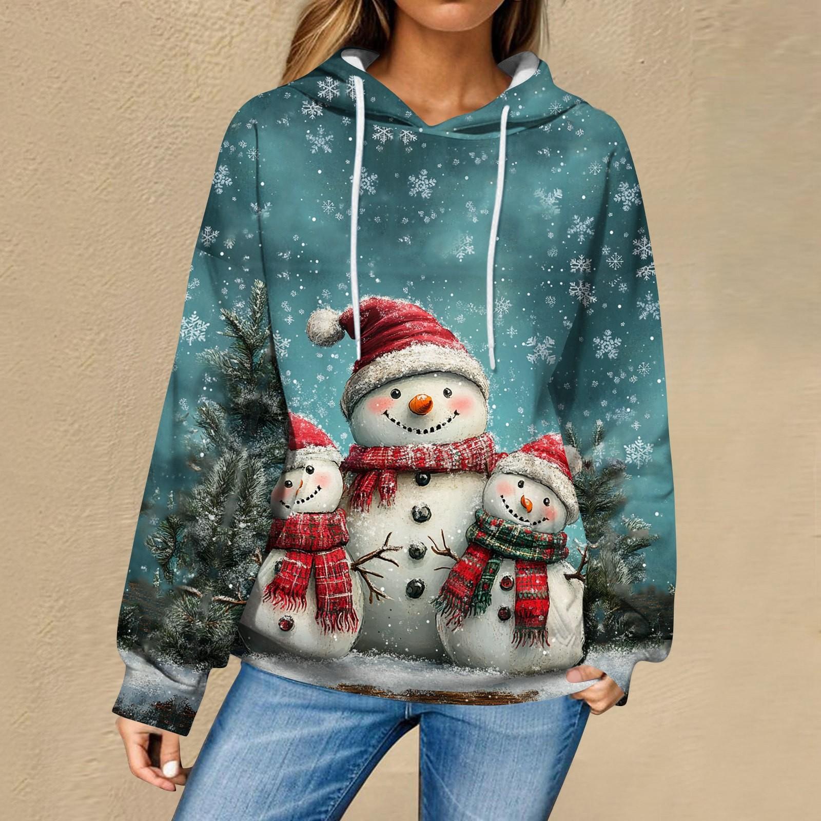 

Женская повседневная мода рождественский принт длинный рукав пуловер толстовки с капюшоном свитшоты S