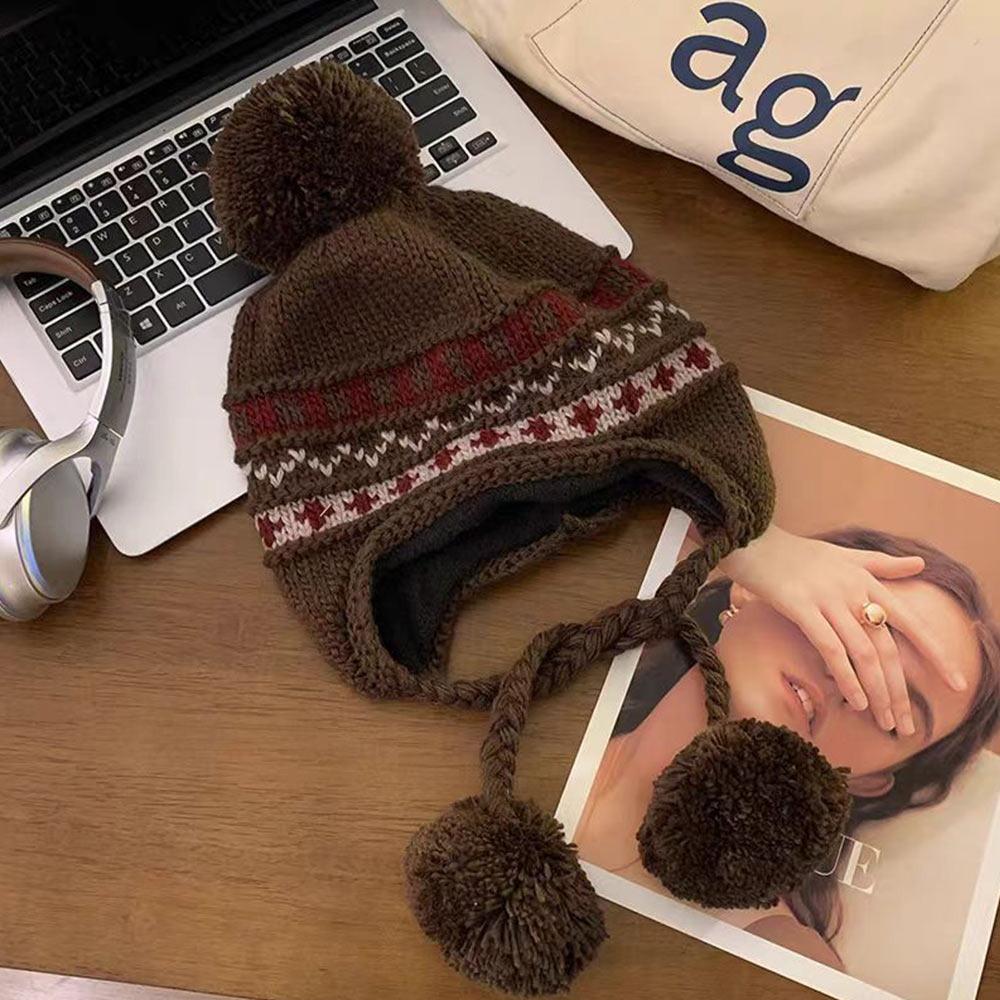 

В язані шапки для захисту вух Тепла потовщена шапка-біні Милі теплі шапки-біні для жінок дівчат кавовий