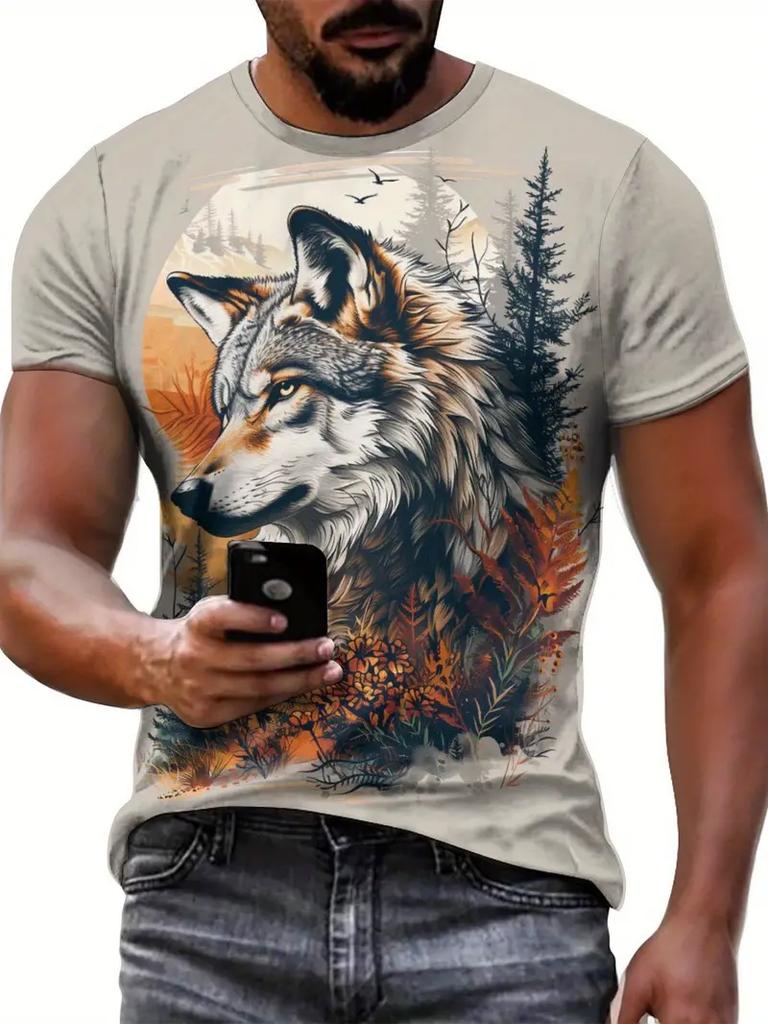 Animal Wolf Pattern 3d Print Men's T Shirt Fashion Crew Neck Short Sleeve Sport Tee Athletic Style Clothing