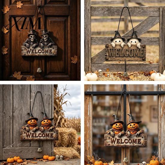 Rustic Holiday Door Sign Halloween Wooden Welcome Hanging Sign, Vintage Farmhouse Hanger with Skeleton Pumpkin Seasonal Window Ornament Ghost,