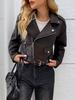 Women Fashion Short Faux Leather Jacket Lady Moto Biker PU Leather Coat Female Retro Lapel Outwear with Belt