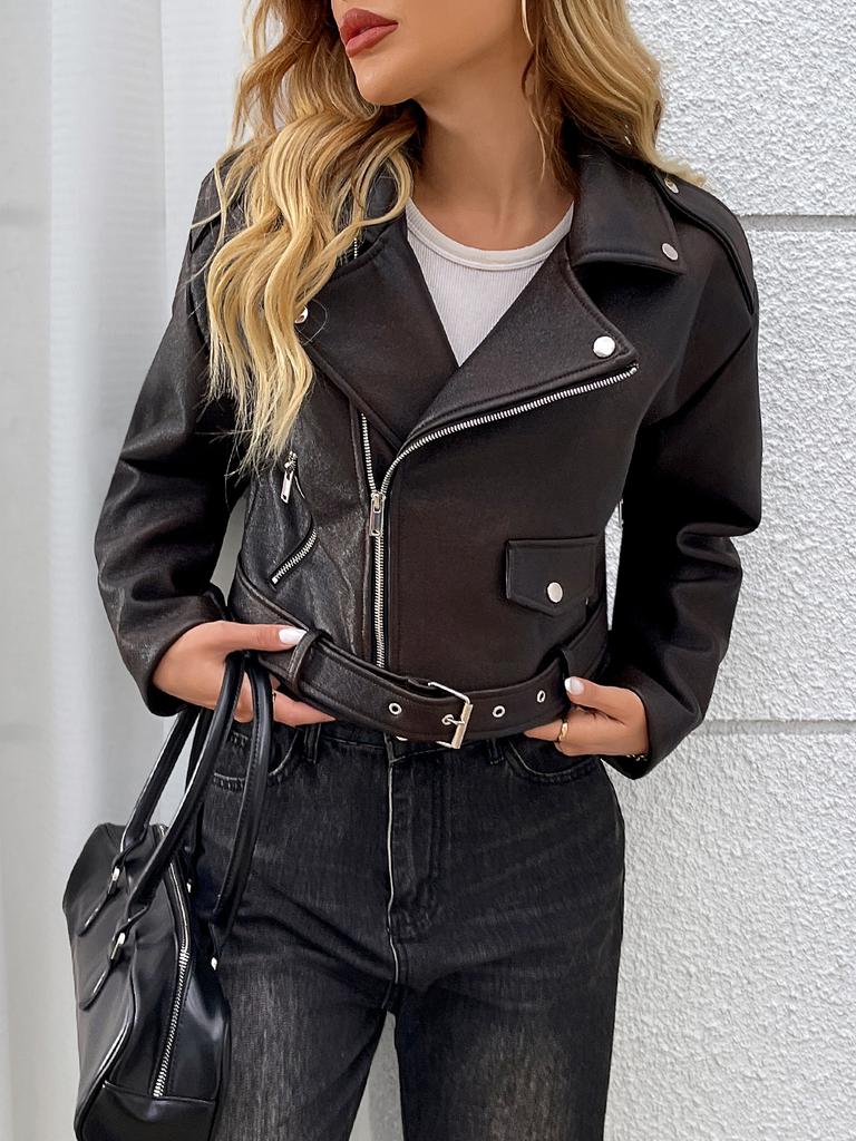 Women Fashion Short Faux Leather Jacket Lady Moto Biker PU Leather Coat Female Retro Lapel Outwear with Belt