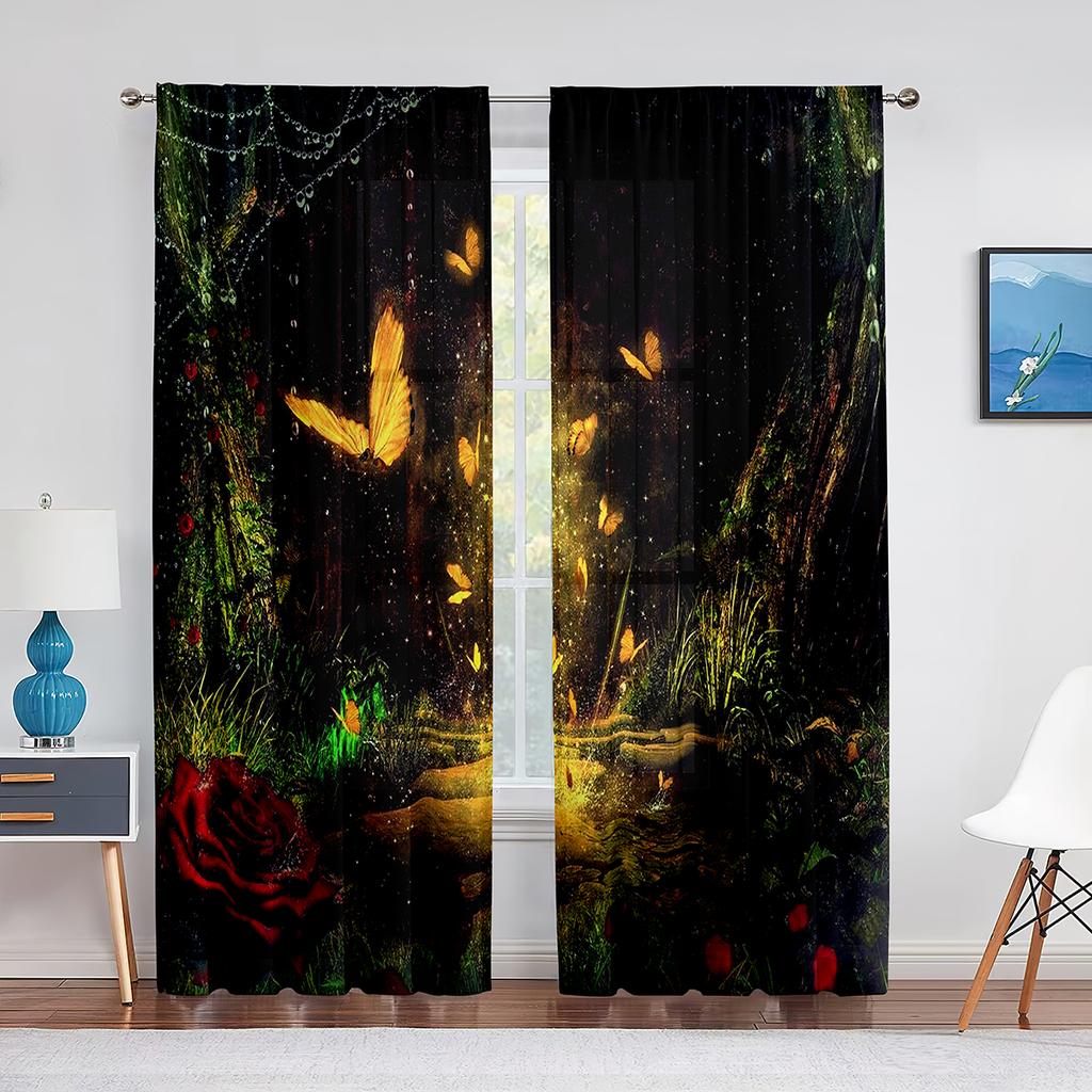Fantazyjny Czarodziejski Zielony Las Przezroczysty Woalowy Zasłona Grzybowo-Kwiatowy Tiulowe Zasłony Okienne do Dekoracji Salonu Sypialni Kuchni