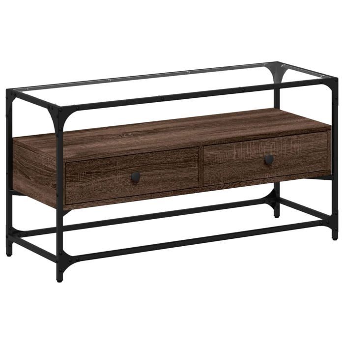 VidaXL Meuble TV avec dessus en verre chêne marron bois d'ingénierie, support TV, armoire média, armoire hifi, unité TV, 846068