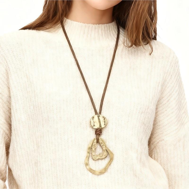 Boho Brown Leather Geometric Irregular Round Hollow Long Pendant Necklace for Women Long Choker Jewelry Gifts