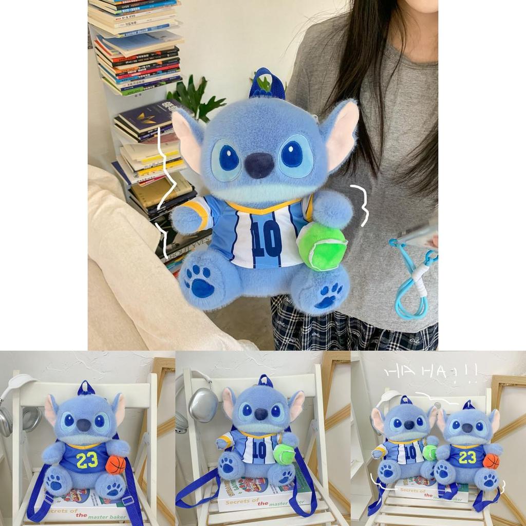 Cute Blue Stitch Basketball And Football Design Plush Backpack For Girls