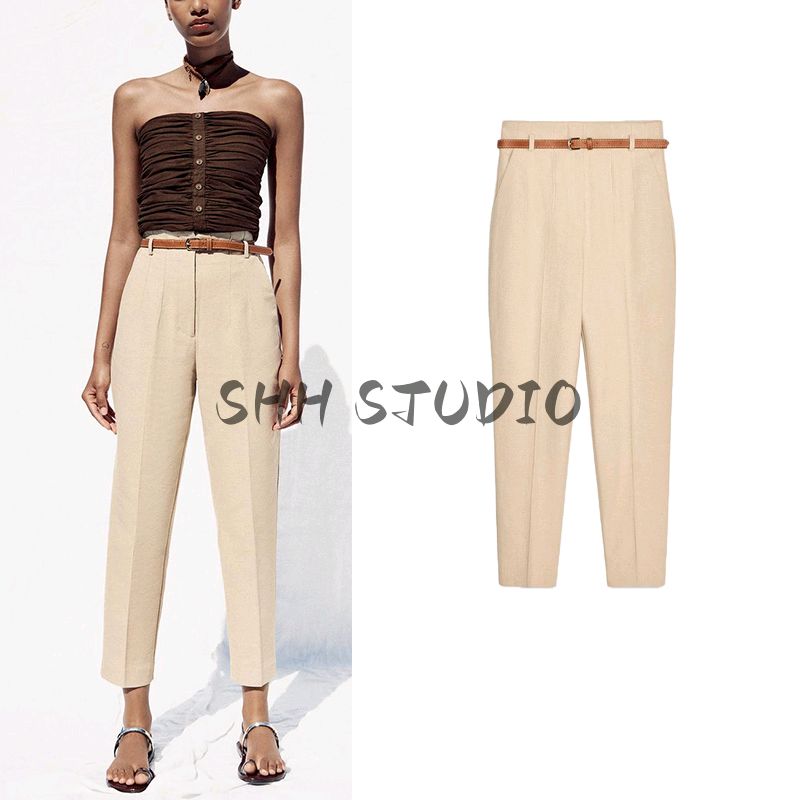 Summer New Product Women's Clothes French Style Design with Belt Vacation Style High Waist Ankle-Length Pants 8372124