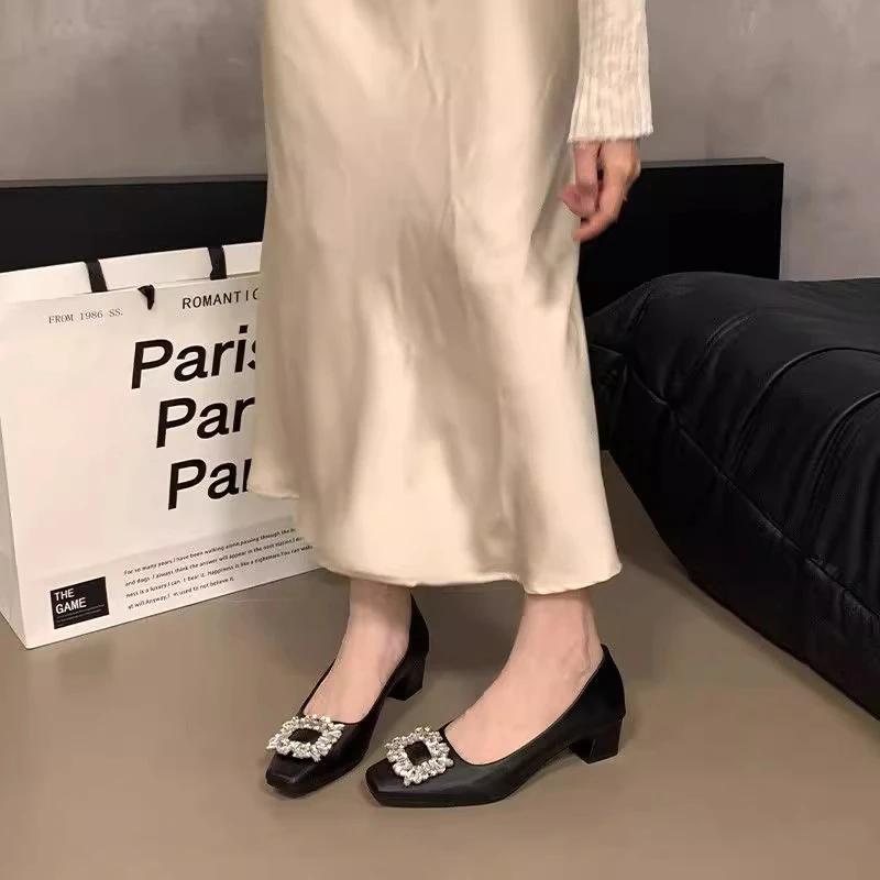2025 Summer New Slip On Women's Square Toe Med Heel Pumps Crystal Square Button Dress Professional Shoes for Office & Career