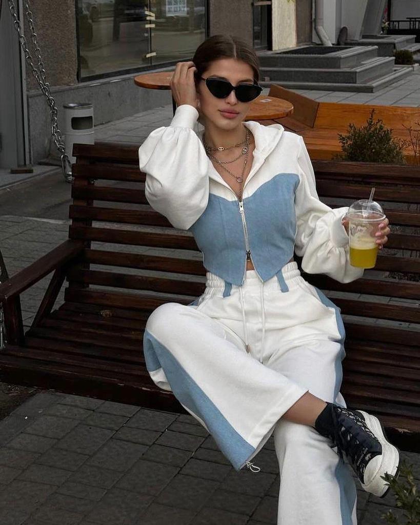 Women's European and American Style Patchwork Hooded Sweatshirt and Pants Set