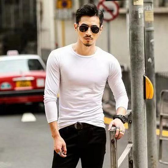 Men's Slim Fit Long-Sleeve Round Neck T-Shirt - Solid Color Autumn Top