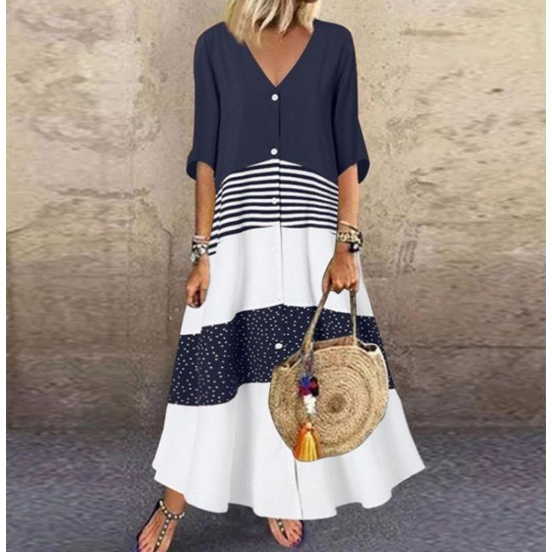 

Plus Size Women s Clothing Fashion Style Fashion Printing Color Contrast V-neck Single Breasted Loose Half-Length Sleeve Dress Dress Dress Dark Blue L