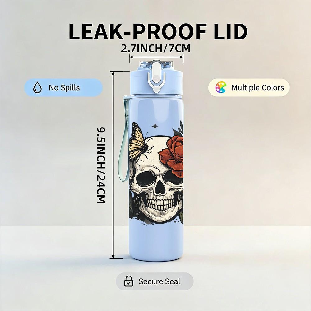 1PC Skull With Red Rose Floral Tattoo Print 750ml Color Plastic Sports Water Bottle Leakproof Flip Straw Lid Suitable for Sports Office Home Use