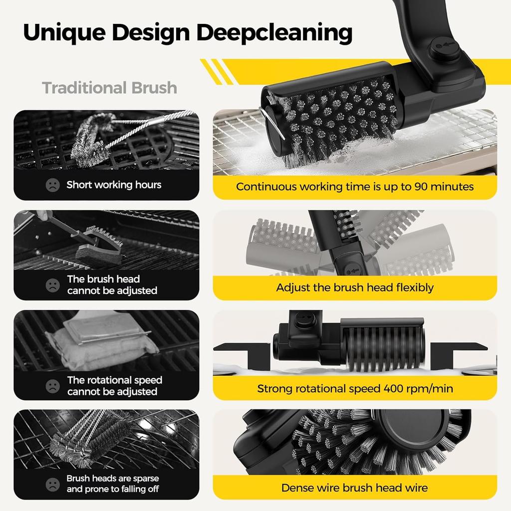 Electric Rotary Grill Brush Wireless Stainless Steel BBQ Cleaner Brush 3-Speed Power Control for Outdoor Gril BBQ Accessoires