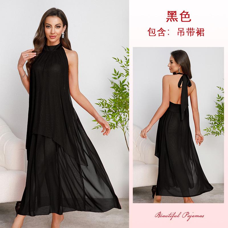 Multi-Style Sexy Lace Mesh Nightgown Deep V High Slit Print Cami Pajamas Women's Loungewear Versatile Seductive Sleepwear Collection with Diverse