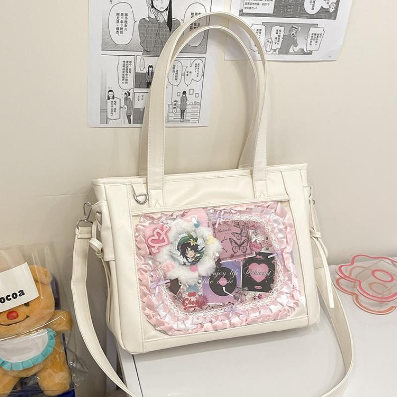 New PU Luxury Large Ita Bag with Insert Women High Quality Big Clear Window Shoulder Bag Anime Pin Display Girl Bow Handbags