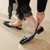 Summer Ladies Sandals Natural Leather Sheep Patent Leather Upper Women Sandals Buckle Square Toe Heel Shoes