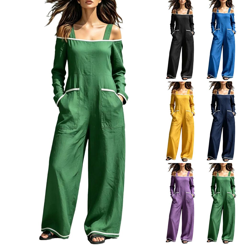Women's One-Shoulder Color-Block Suspender Jumpsuit with Pockets, Loose Fit Wide Leg Floor-Length