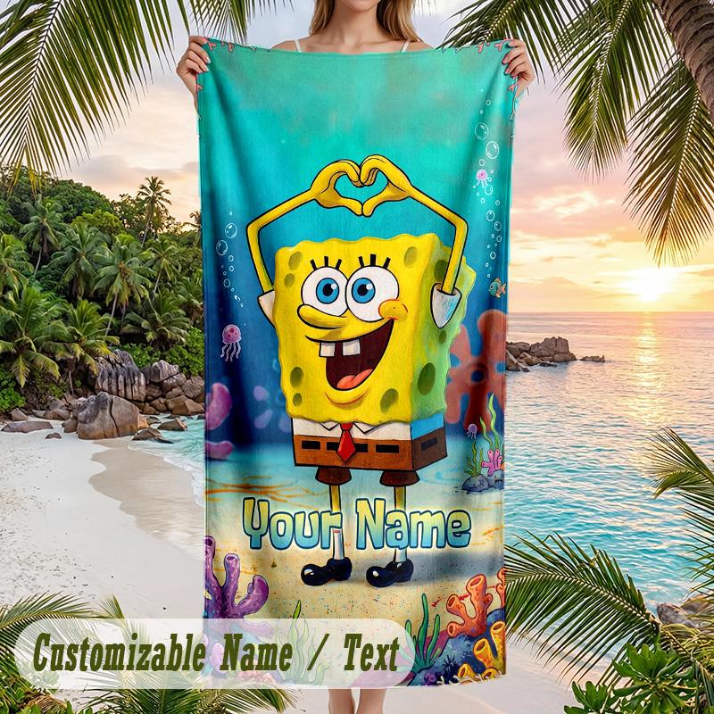 SpongeBob Beach Towel, Personalized Custom Text, Quick Dry Soft Large Towel For Swimming Pool Travel