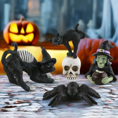 Halloween Svart Kattfigur Spöklik Häxa Staty Harts Spindel Djur Skulptur Hem