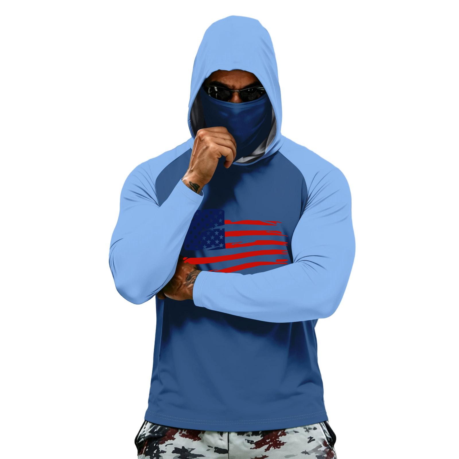 

Long Sleeve Hooded Shirt with Flag Graphic Lightweight Pullover Hoodie Casual Athletic Top for Men Outdoor Sports L синий