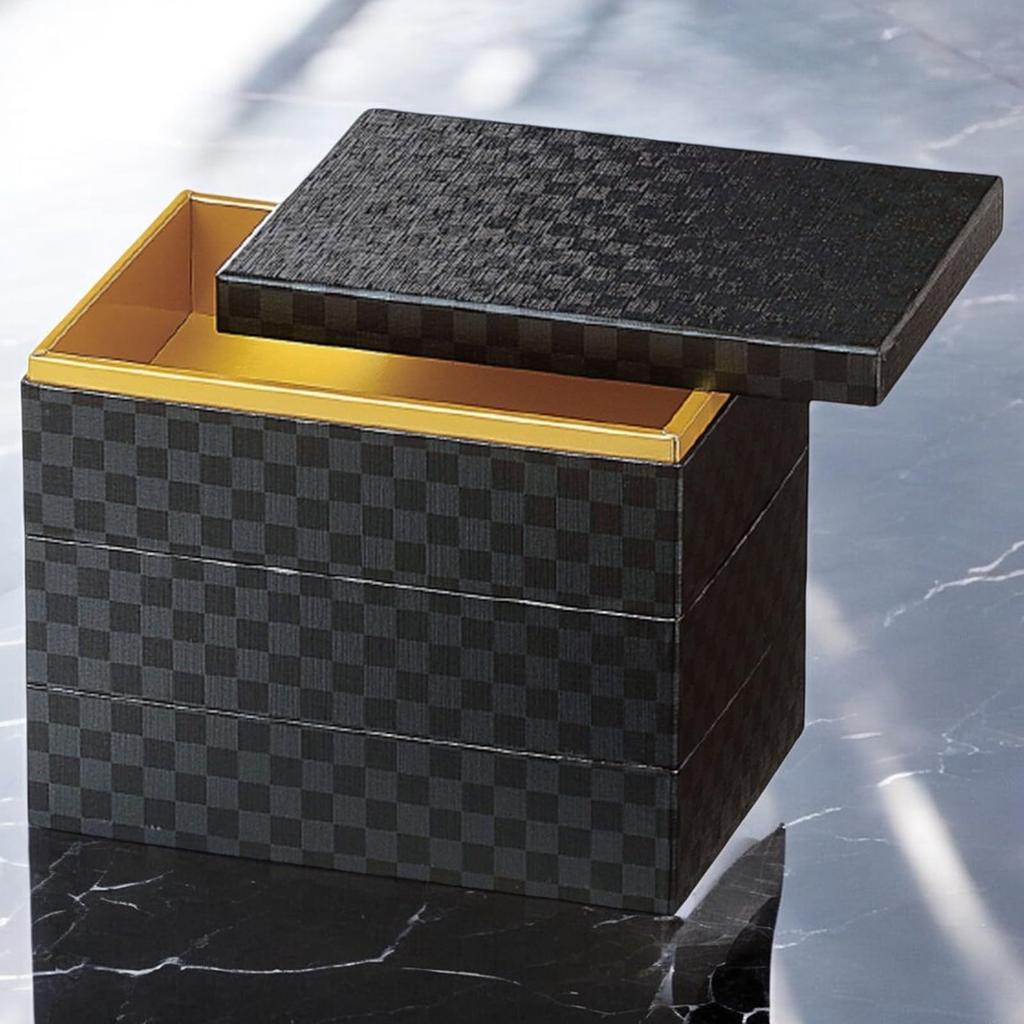 J-kitchens Lacquerware Jubako Box, 3 Tiers, 7-inch Rectangular, Paper, Black Checkered Pattern, 20cm, Made in Japan