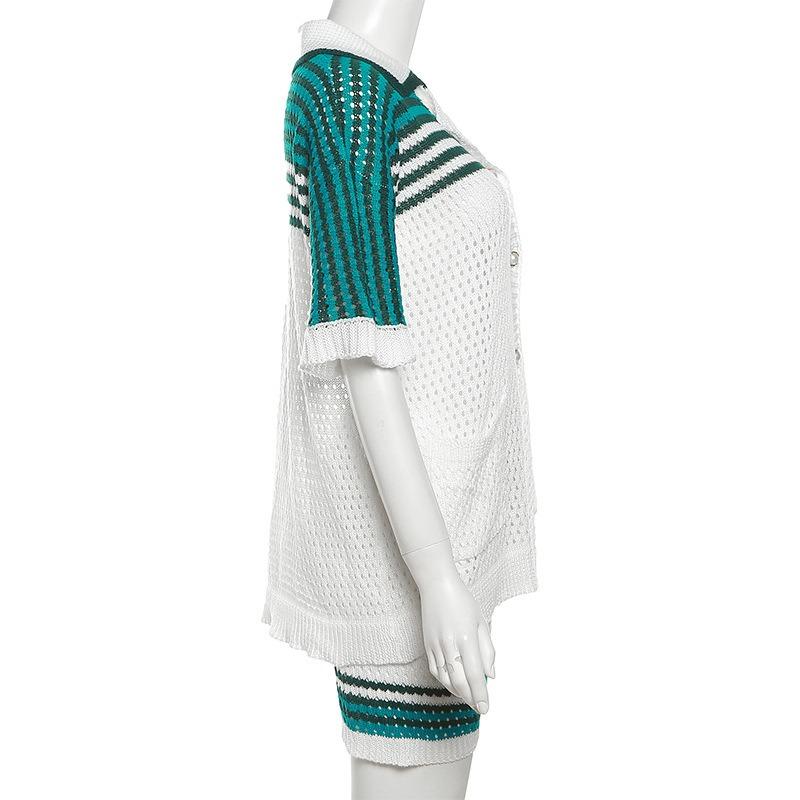 Sommer Damenmode Hohl Revers Top Hohe Taille Shorts Strick Casual Anzug