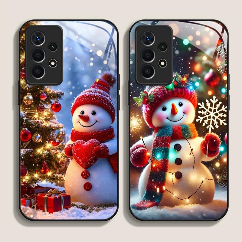 Cute Winter Snowman Christmas Tree Pattern Tempered Glass Phone Case for Samsung Galaxy A56 A55 A54 A53 A52 A36 A14 A15 5G Cover